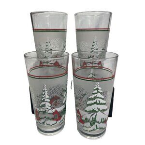 4 Vintage KIG Christmas Tree Snow Scene Cabin Frosted & Clear Glass Tumblers 6"